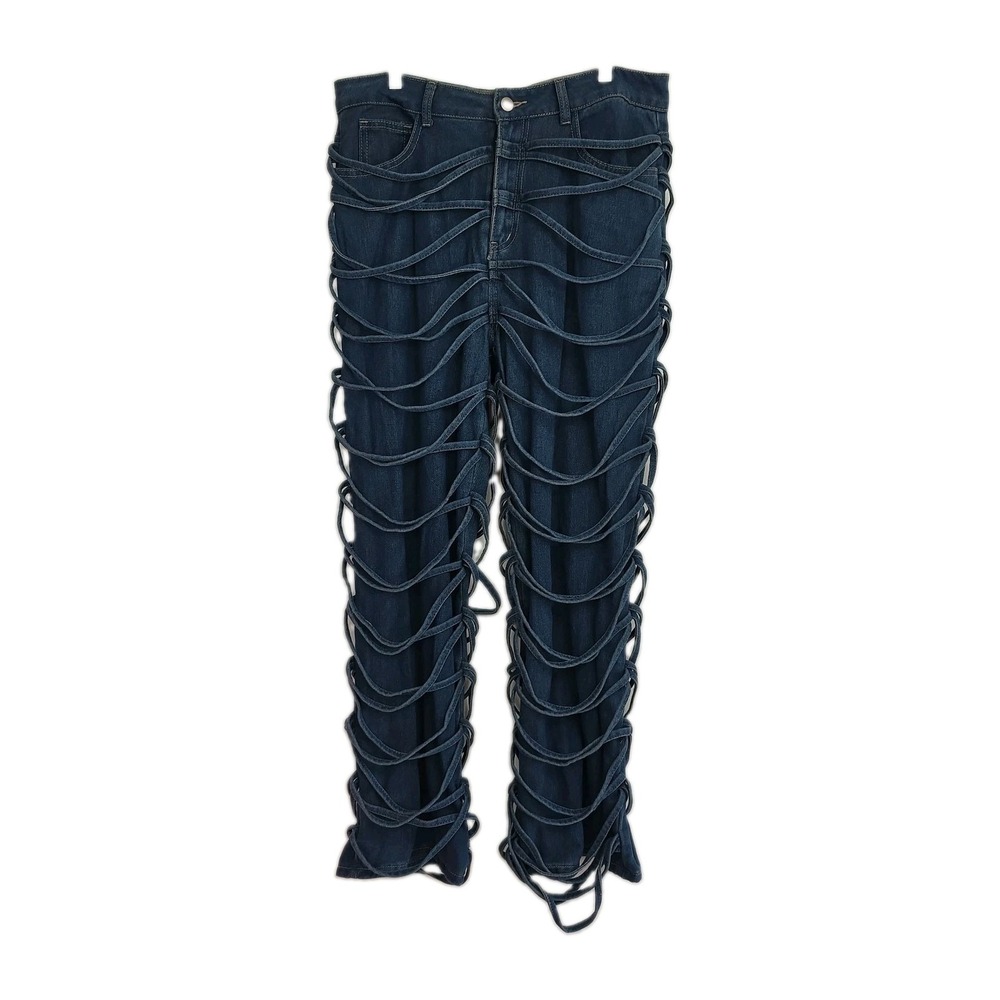 Tied Up Relaxed Fit Straight Leg Jeans Women's Size L Blue Lattice Jeans